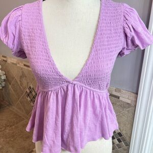 Free People Lilac Smocked Puff Sleeve Blouse